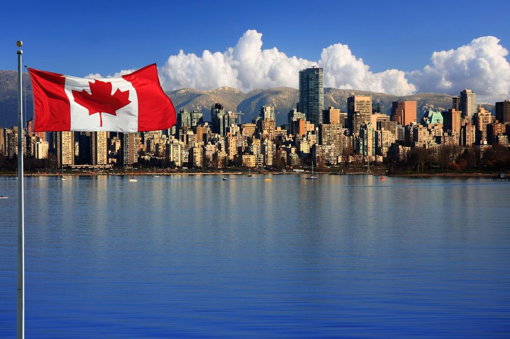 Canada city with flag in the background