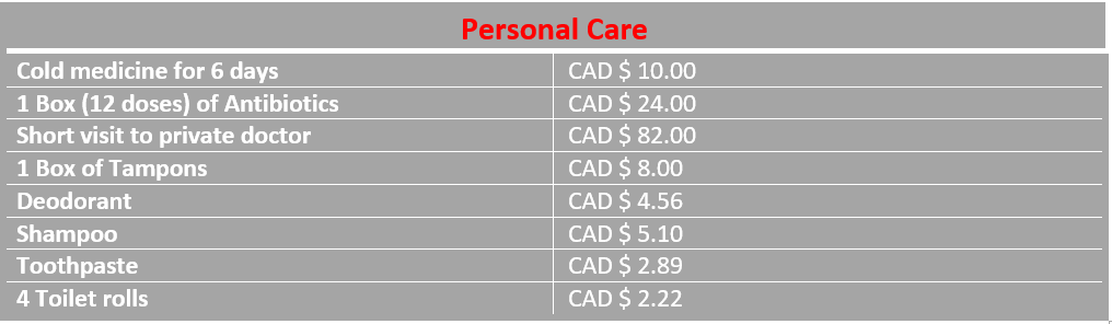 Table average costs of personal care Ottawa